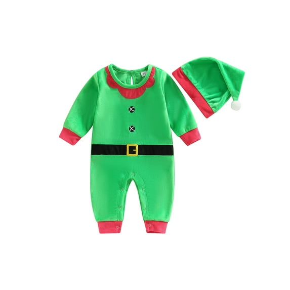 Gureui Newborn Baby Girl Boy Romper, Long Sleeve Christmas Casual Fall Spring Long Jumpsuit + Green Hat