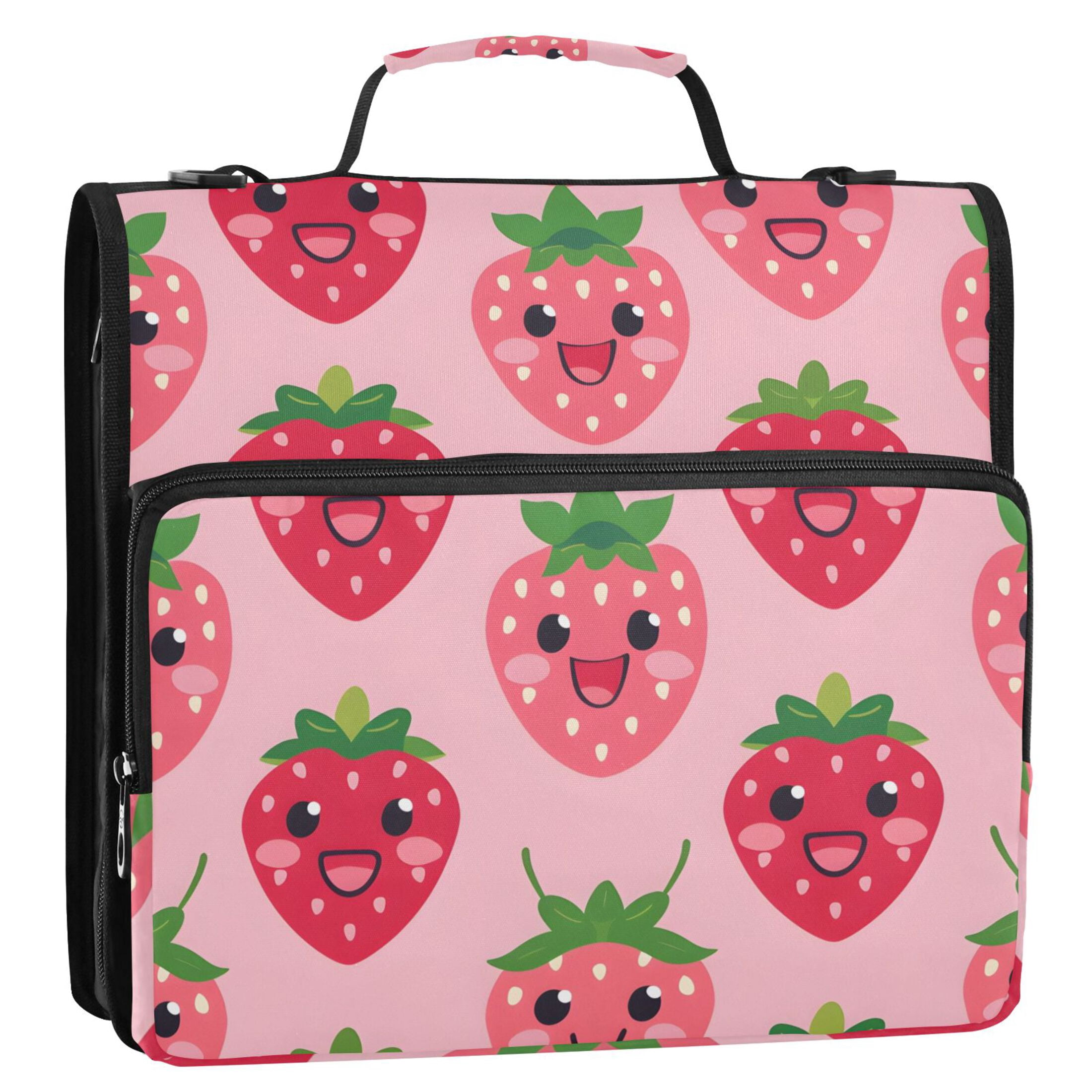 3 Ring Zipper Binder with Shoulder Strap Waterproof Trapper Keeper 2 Inch D-Ring 500 Sheets Capacity Lovely Strawberry