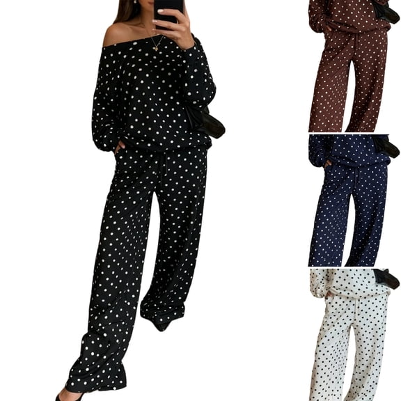WULMLEO Women's 2 Piece Sets Polka Dots One Shoulder Loose Sweatshirt and Wide Leg Sweatpants Outfits 2026 Casual Trendy Suit Outfits Black XL
