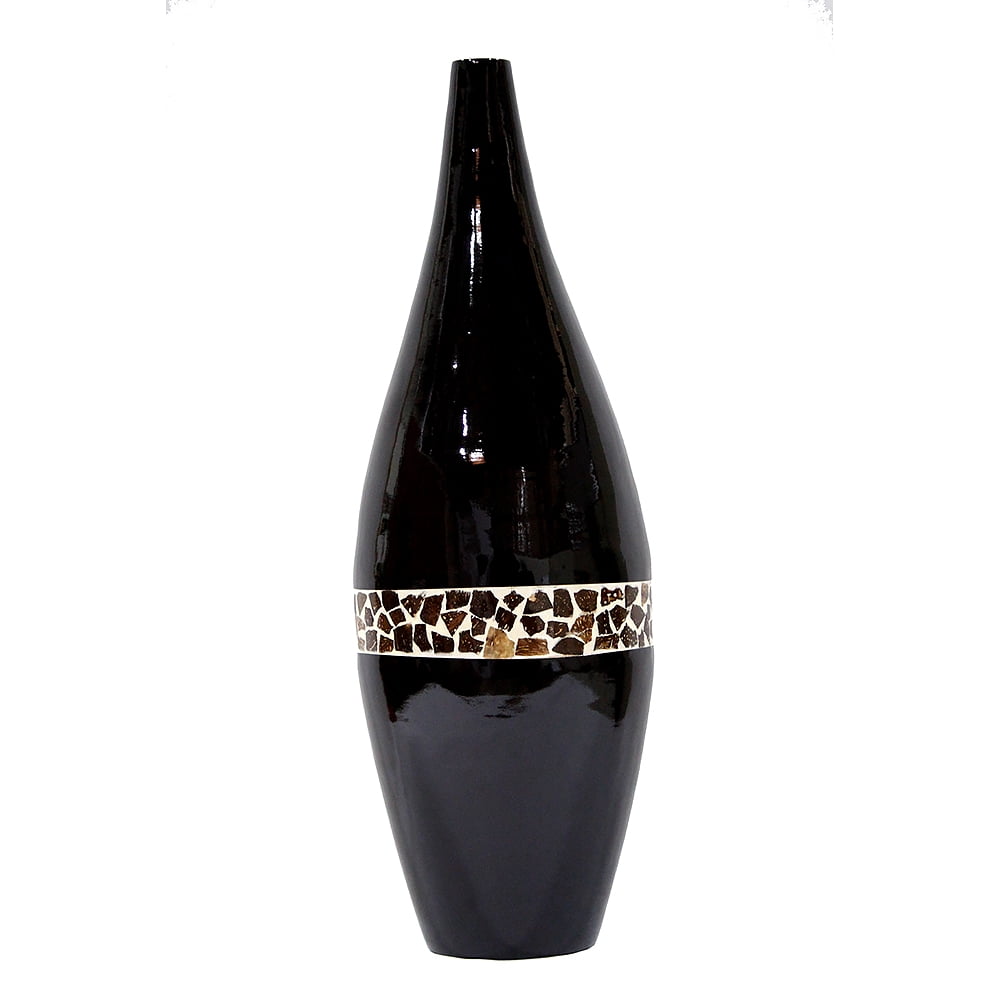 31" Spun Bamboo Floor Vase Bamboo In Black Lacquer W/ Brown Coconut