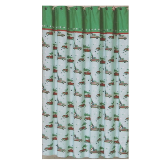 Christmas Shower Curtain Bathroom Decor, Red Truck Print, 12 Star Hooks, 70 x 72 inches