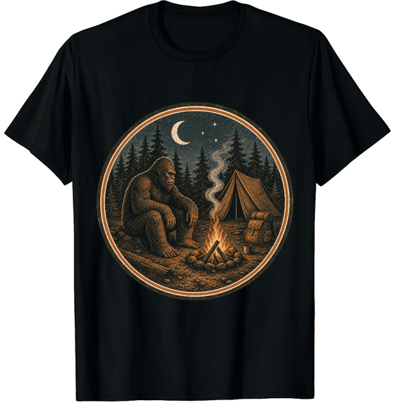 Bigfoot Campfire Night Graphic Unisex T-Shirt, Cotton Short Sleeve Tee