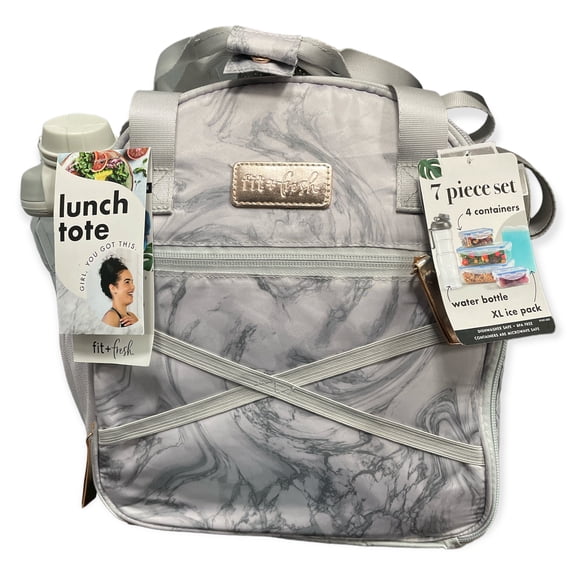 Fit   Fresh 7 Piece Lunch Tote Bag Set, Gray Marble