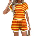 thumbnail image 5 of Domzest Womens Two Piece Short Sets Short Sleeve Crew Neck Striped Shirts & Elastic Waist Shorts 2026 Summer Lounge Set for Both Homewear and Going Out Saffron L, 5 of 6