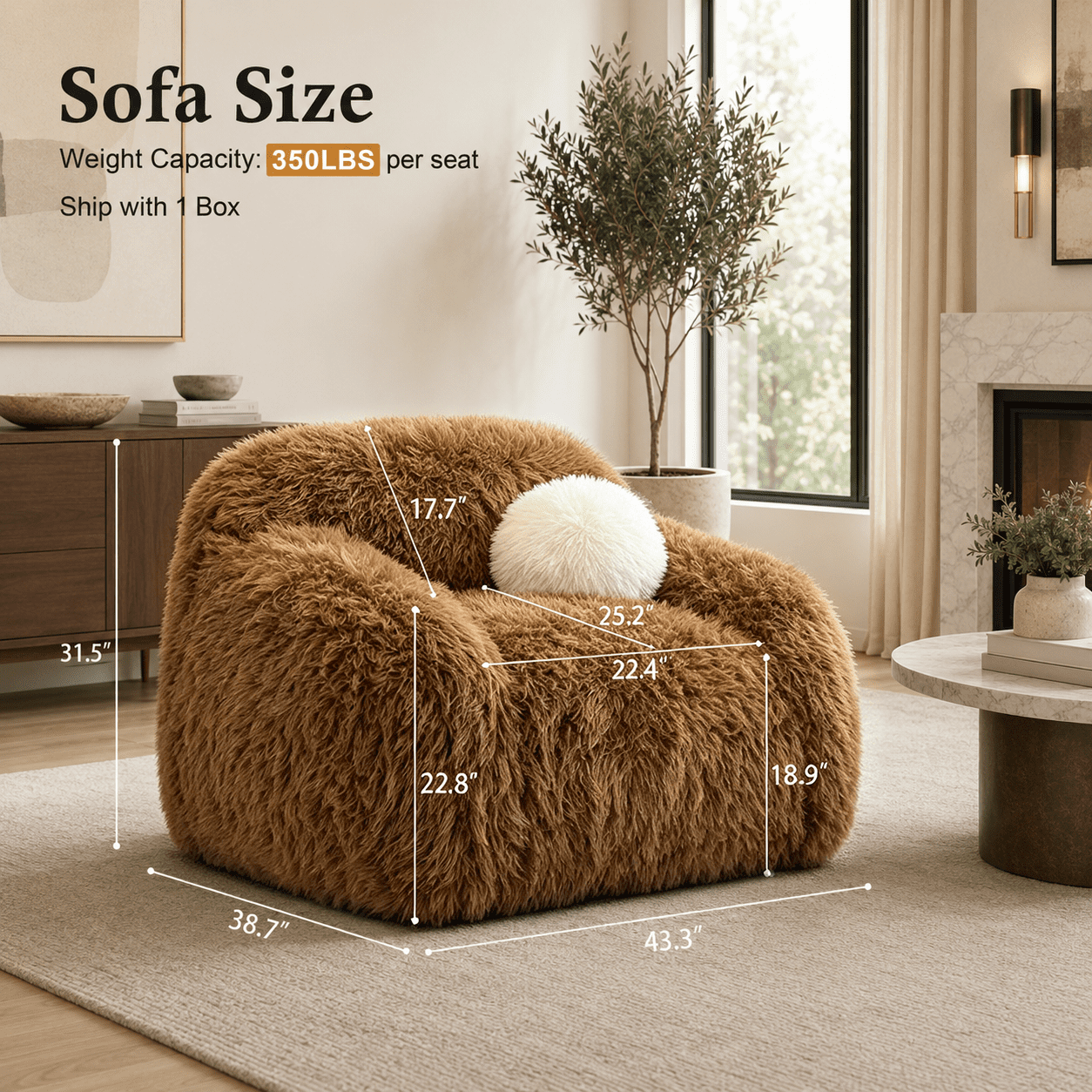 Aenkyo Oversized 360 Degree Swivel Accent Chair, Plush Faux Fur Barrel Sofa Chair, 25" Deep Seat, Camel Brown