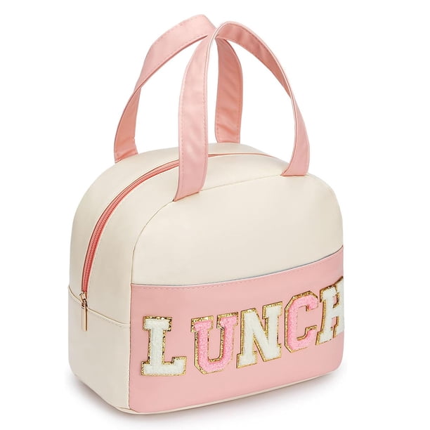 Bolsa de almuerzo para mujer, bolsa de almuerzo aislada, bolsa de almuerzo pequeña de cuero para oficina, bolsa de almuerzo para trabajo con letras de chenilla, bolsa térmica a prueba de fugas, bolsa