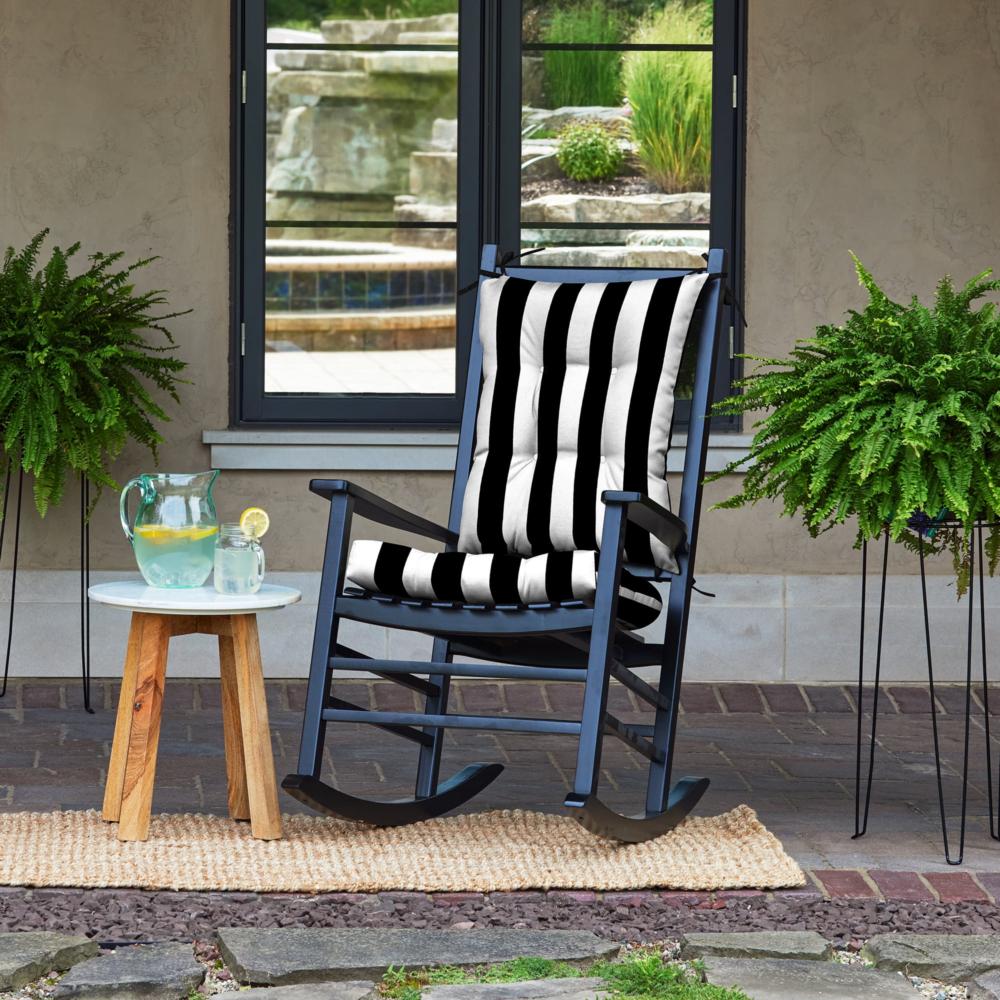 ARDEN Plush Indoor/Outdoor Rocking Chair Cushion Set, 2-Pack, 18 x 20, Water repellent, Fade Resistant, Tufted Cushion for Rocking Chairs 18 x 20, Black Cabana Stripe