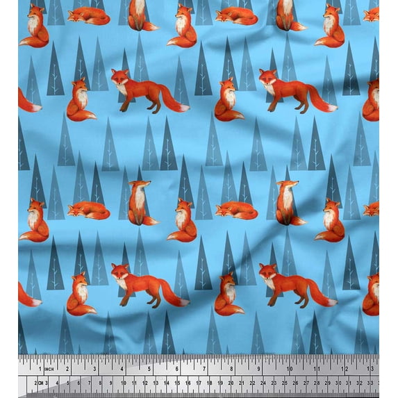 Soimoi Blue polyester Crepe Fabric Artistic Tree & Wolf Animal Print Fabric by the Yard 52 Inch Wide