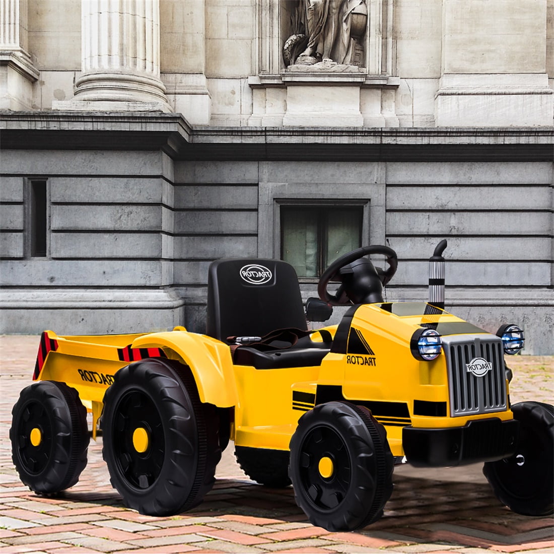 Private Jungle Ride on Tractor, Battery-Powered Toy Tractor with Trailer, 3-Gear-Shift Ground Loader Ride On with LED Lights and USB&Bluetooth, Yellow, Unisex