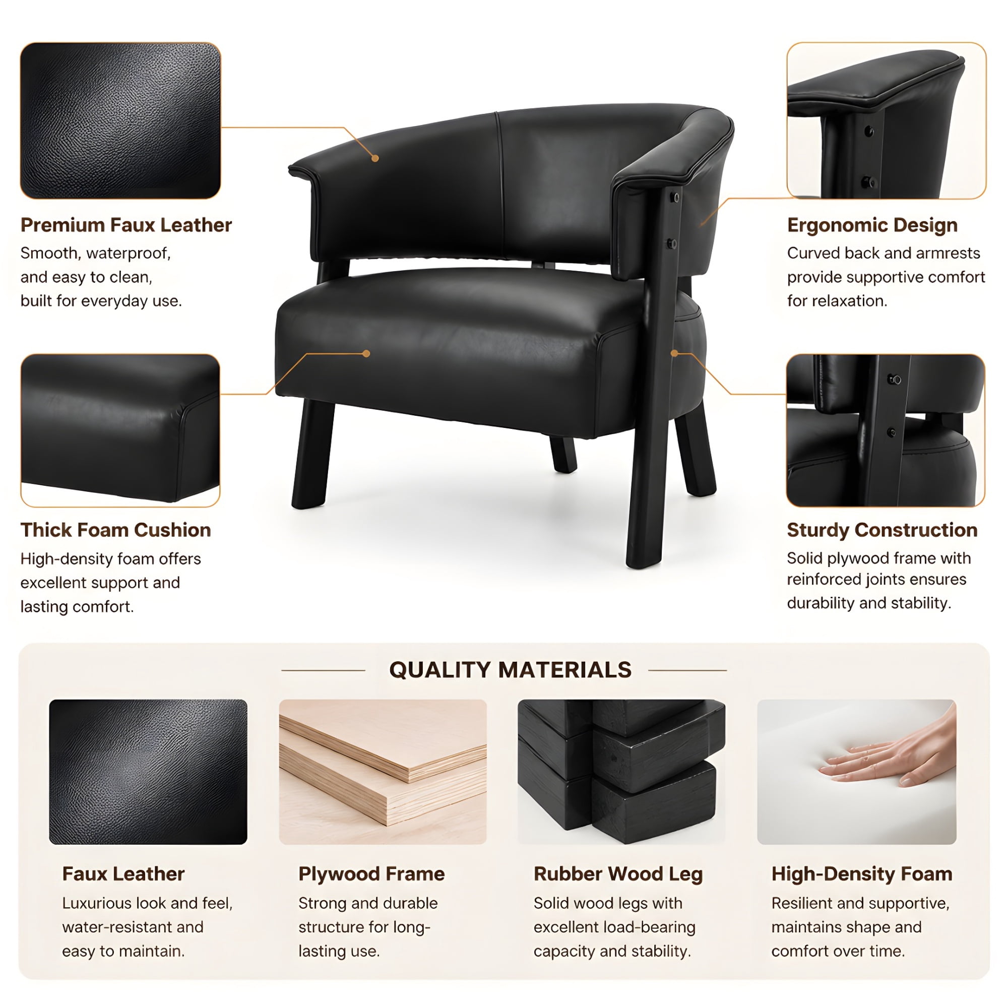 Leumius Faux Leather Wingback Accent Chair, Wrap-Around Back Upholstered Armchair with Solid Wood Legs, Single Sofa Reading Chair for Bedroom Living Room, Black