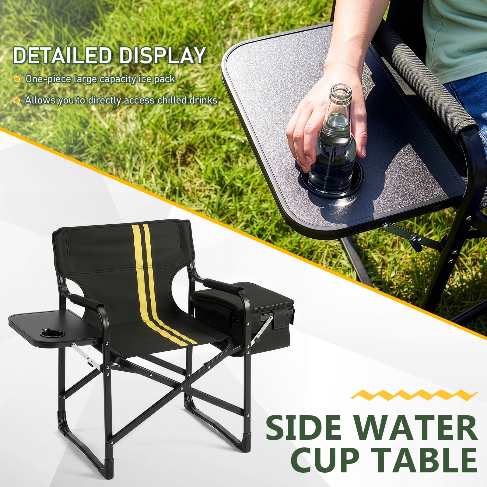 Folding Camping Chair with Side Table & Insulated Cooler Bag, Spray-Coated Aluminum Frame, 265 lbs Capacity Foldable Outdoor Chair for Camping Beach Fishing Picnic, 46.46" x 20.87" x 33.46"