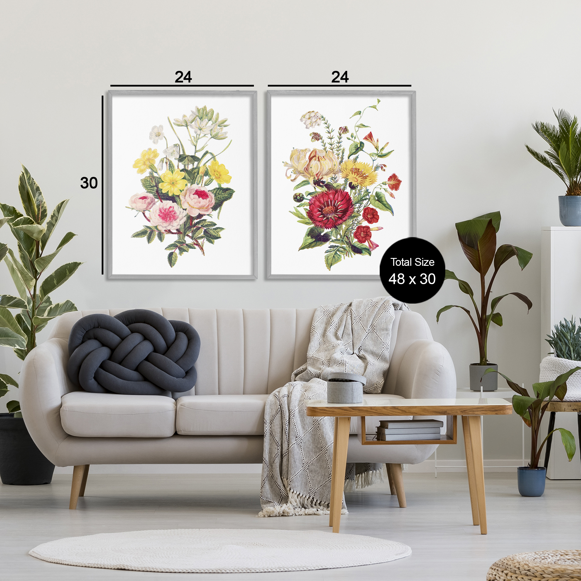 Mixed Flower Bushels 2 Piece Gray Framed Giclee Art Set, design by Lettered and Lined