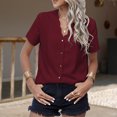 thumbnail image 5 of YYDGH Womens Short Sleeve Button Down Shirts V Neck Shell Trim Casual Blouses Summer Tops Wine Red L, 5 of 8