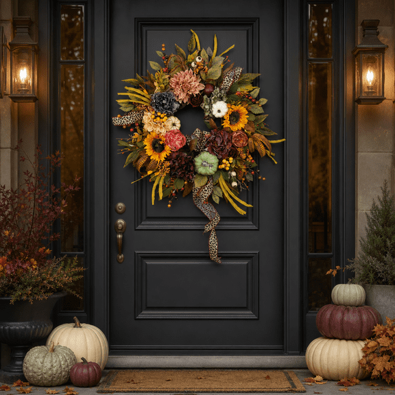 24-inch Artificial Fall Floral Wreath for Front Door with Sunflowers, Pumpkins, Leopard Print Bow, Berries and Autumn Leaves, Farmhouse Decor