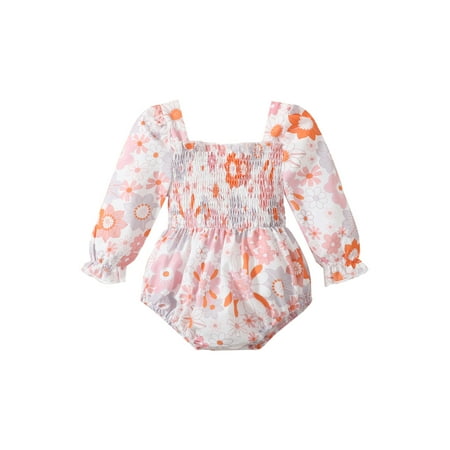 

Liliz Baby Girls Romper Long Sleeve Square Neck Pleated Flower Print Autumn Bodysuit for Daily