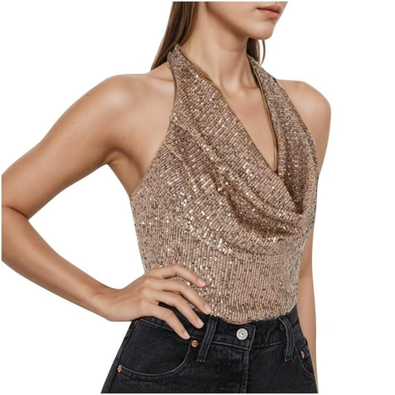 yillto Womens Sequin Tank Backless Fashion Party Sleeveless Shirts Sparkly Clubwear Camisole Vest Blouse