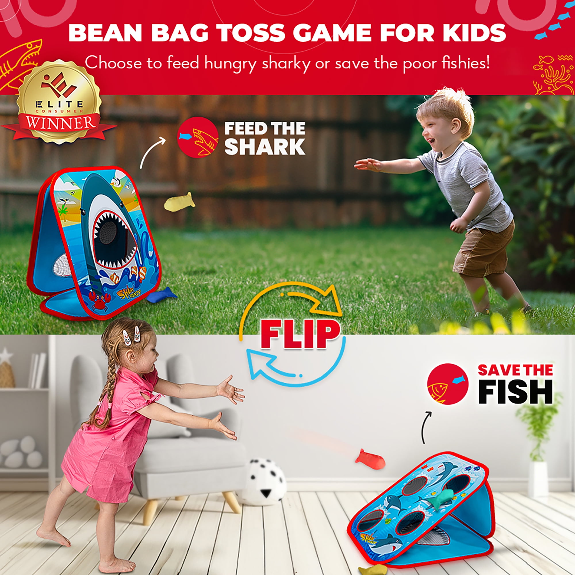 Swooc Games® - Shark Frenzy™ | 2-in-1 Bean Bag Toss Game for Kids | 5-Second Setup | Toddler Party Games For Kids 3-5 | Toddler Outdoor Games for Kids 3-6 | Shark Toys For Boys | Kids Cornhole Game