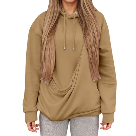 Cnbwig Pet Hooded for Womens Solid Color Sweatshirt with Front Pocket Pouch for Cat Mom Loose Warm Hoodies Comfort A-Gold L