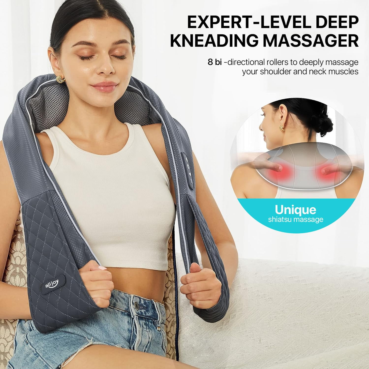 ALLJOY Cordless Neck and Shoulder Massager, Rechargeable Deep Tissue Kneading Neck Massager with Heat,Gifts for Women, Men, Mom, Dad