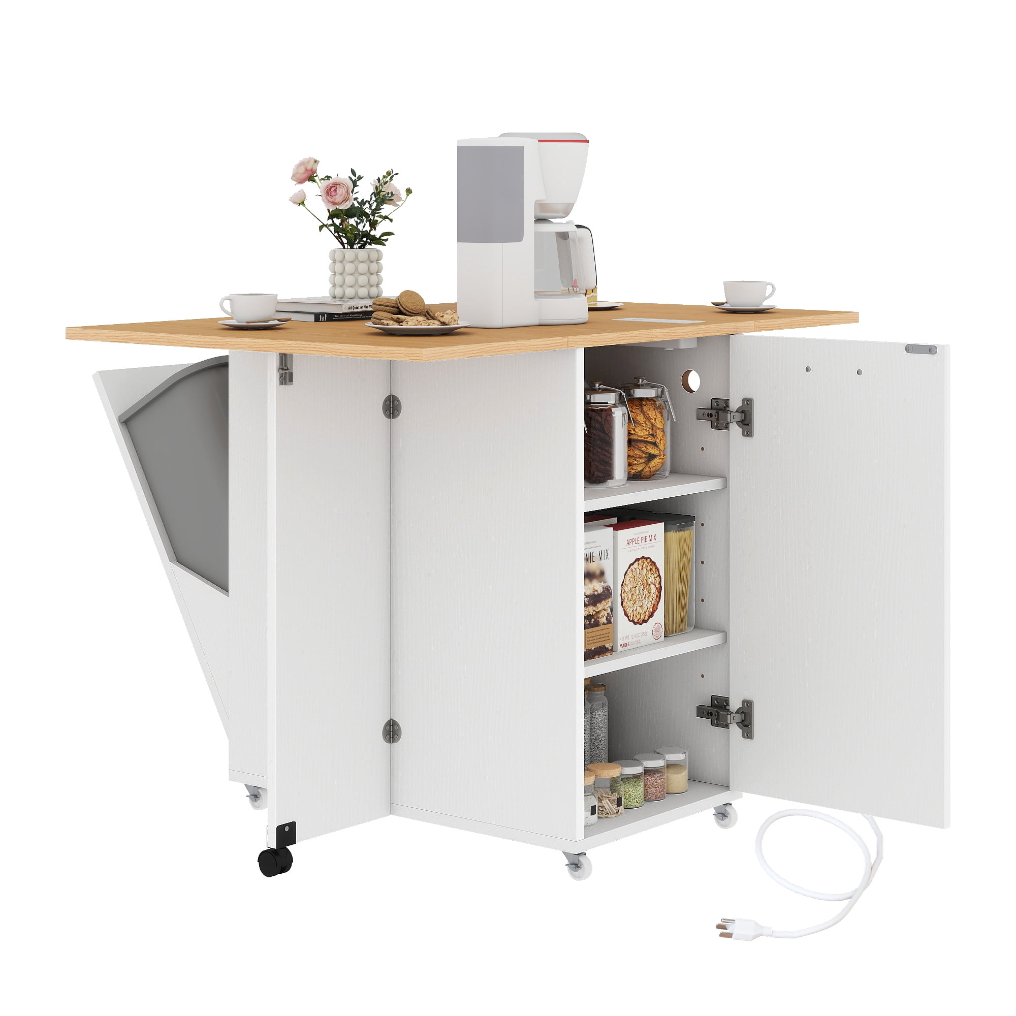 Craftian Rolling Kitchen Island with Cabinet for 10-Gallon Trash Bin, Kitchen Storage Cart with Drop Leaf & Power Outlets, White