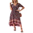 thumbnail image 4 of Robe Boho Longue d'Été pour Femmes à Manches Courtes V Cou Irrégulière Ourlet Cravate Robe Florale, 4 of 7