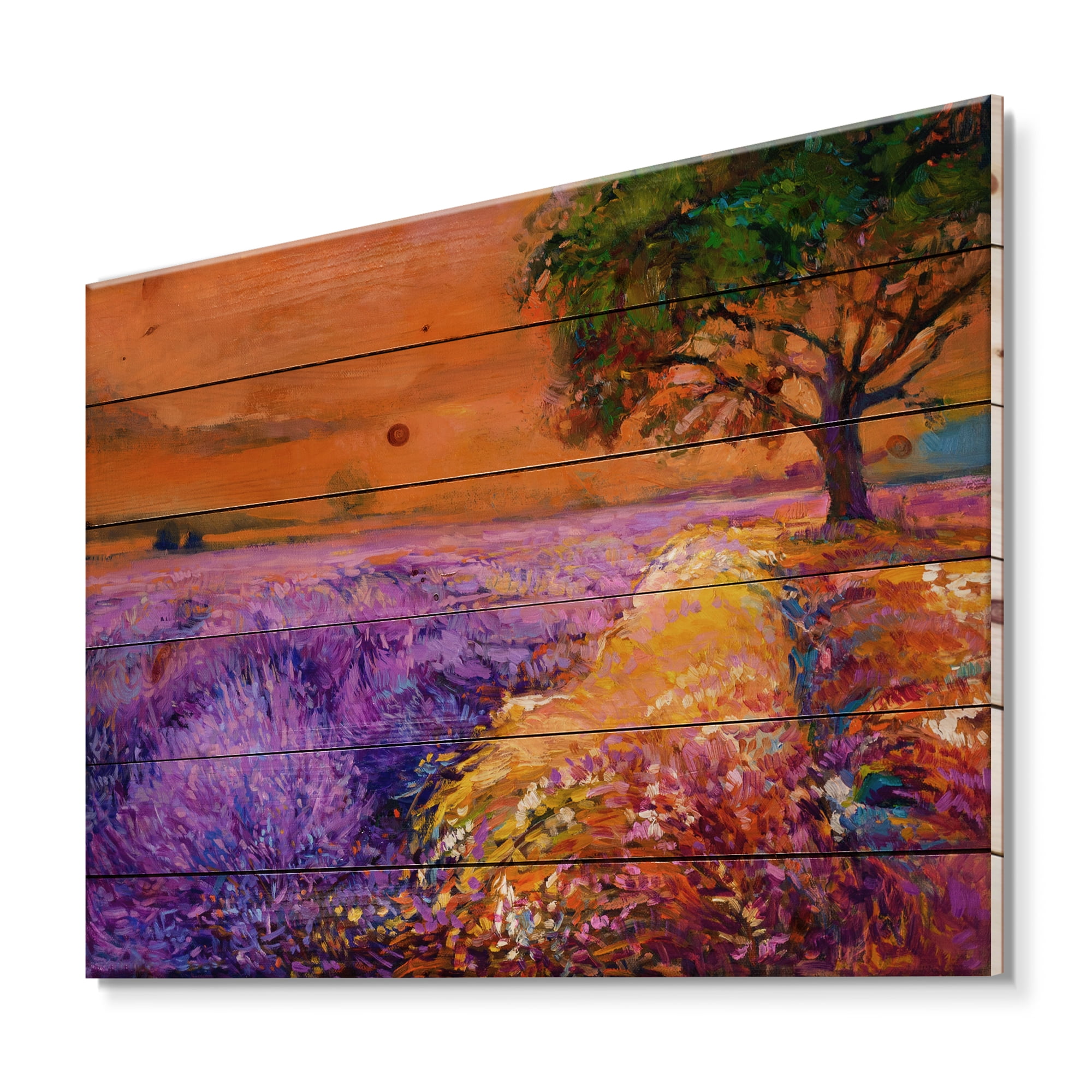 Designart 'An Orange Sunset Over Purple Lavender Fields II' Farmhouse Print on Natural Pine Wood