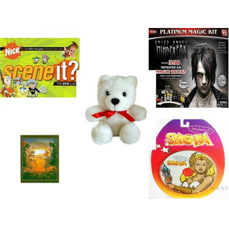 Children's Gift Bundle [5 Piece] -  Scene It? Nickelodeon DVD Board  - Criss Angel Platinum Magic Kit  - White Teddy Bear Red Ribbon  5