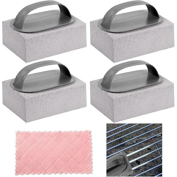 ZYNERY 4 ladrillos de limpieza de piedra pómez con 1 paños de limpieza, ladrillos de limpieza con mango, para asar hornos, Estante de barbacoa,eliminar manchas de aceite 