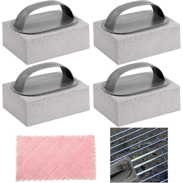 ZYNERY 4 ladrillos de limpieza de piedra pómez con 1 paños de limpieza, ladrillos de limpieza con mango, para asar hornos, Estante de barbacoa,eliminar manchas de aceite 
