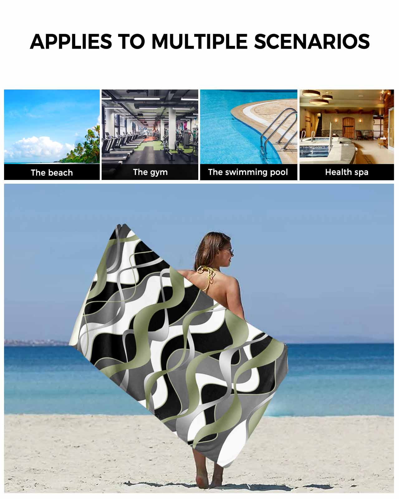 Sage Green Stripe Bath Towels for Bathroom Set,Luxury Microfiber Towels Gifts for Women,Beach Kitchen Hand Hair Face Towel and Dish Washcloth,Grey White Geometric Modern Abstract Towels+Set