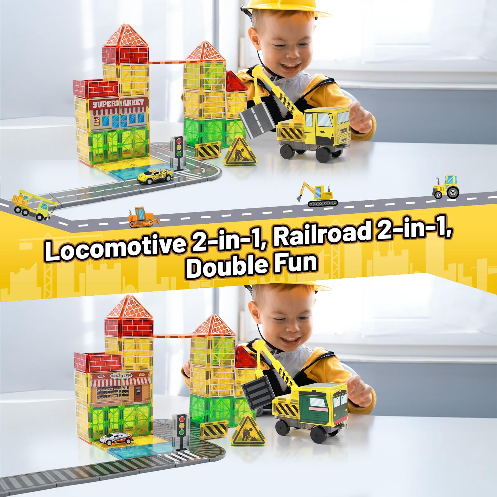 LionFuny 70Pcs Magnetic Tiles Magnetic Building Blocks, Building Toys for Kids Ages 3-5 4-8 8-12 Toddlers STEM Preschool Toy Boys Toys, City Construction Toys Set with 2 Cranes Train Tracks Road Car