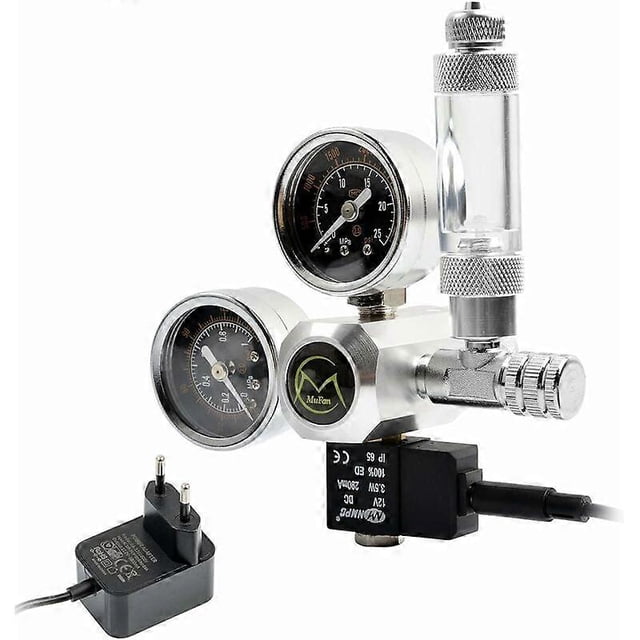 Aquarium CO2 Regulator with 12V Adapter, Aquarium Pressure Reducer, Dual Pressure Gauge Includes Bubble Counter and Check Valve, W21.8 Interface