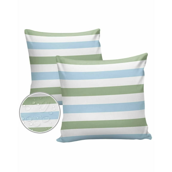 Pack of 2 Outdoor Pillow Covers, Geometric Sage Green and Blue Stripes Waterproof Square Throw Pillowcase Cushion Decorative Pillow Covers for Couch Patio Tent, 18x18 in