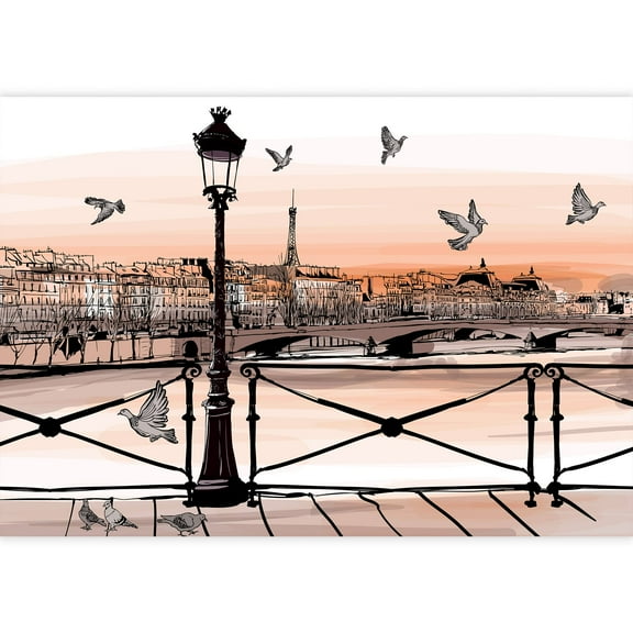 wall26 - Vector - Sunset on Seine River from Pont Des Arts in Paris - Vector Illustration - Removable Wall Mural | Self-Adhesive Large Wallpaper - 66x96 inches