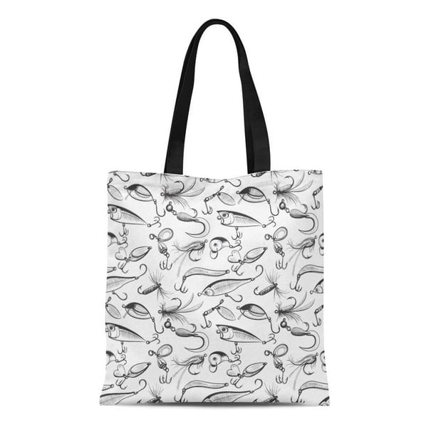 POGLIP Canvas Tote Bag Pattern Fishing and Fly Lures Sketch on