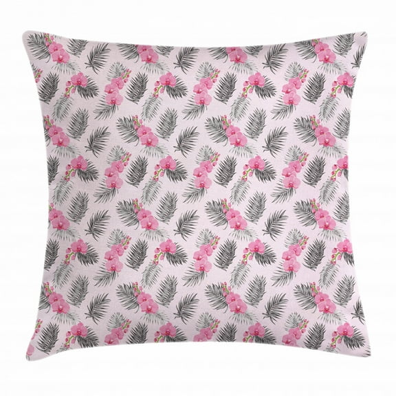 Orchids Throw Pillow Cushion Cover, Flamingo Hibiscus Cattleya Blooms Tropic Foliage Romantic Aloha Illustration, Decorative Square Accent Pillow Case, 16 X 16 Inches, Pink Baby Blue, by Ambesonne