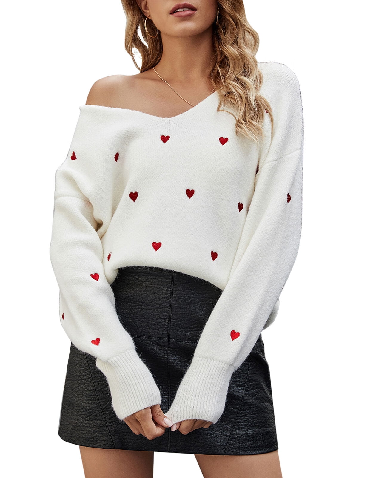Women Heart Sweater V Neck Embroidery Knit Loose Casual Long Sleeve