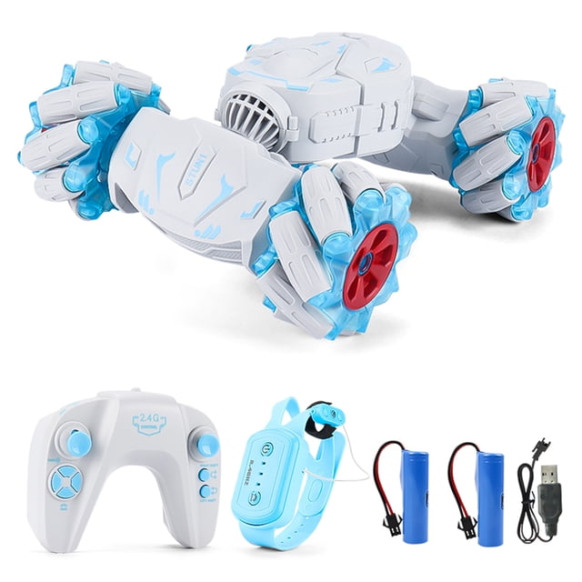 yeacher 2.4G Gesture-Sensing Remote Control Stunt Car with LED Lights, Music, and Spray - Dual Battery & Remote Version (Blue) - Perfect Gift for Kids and Adults