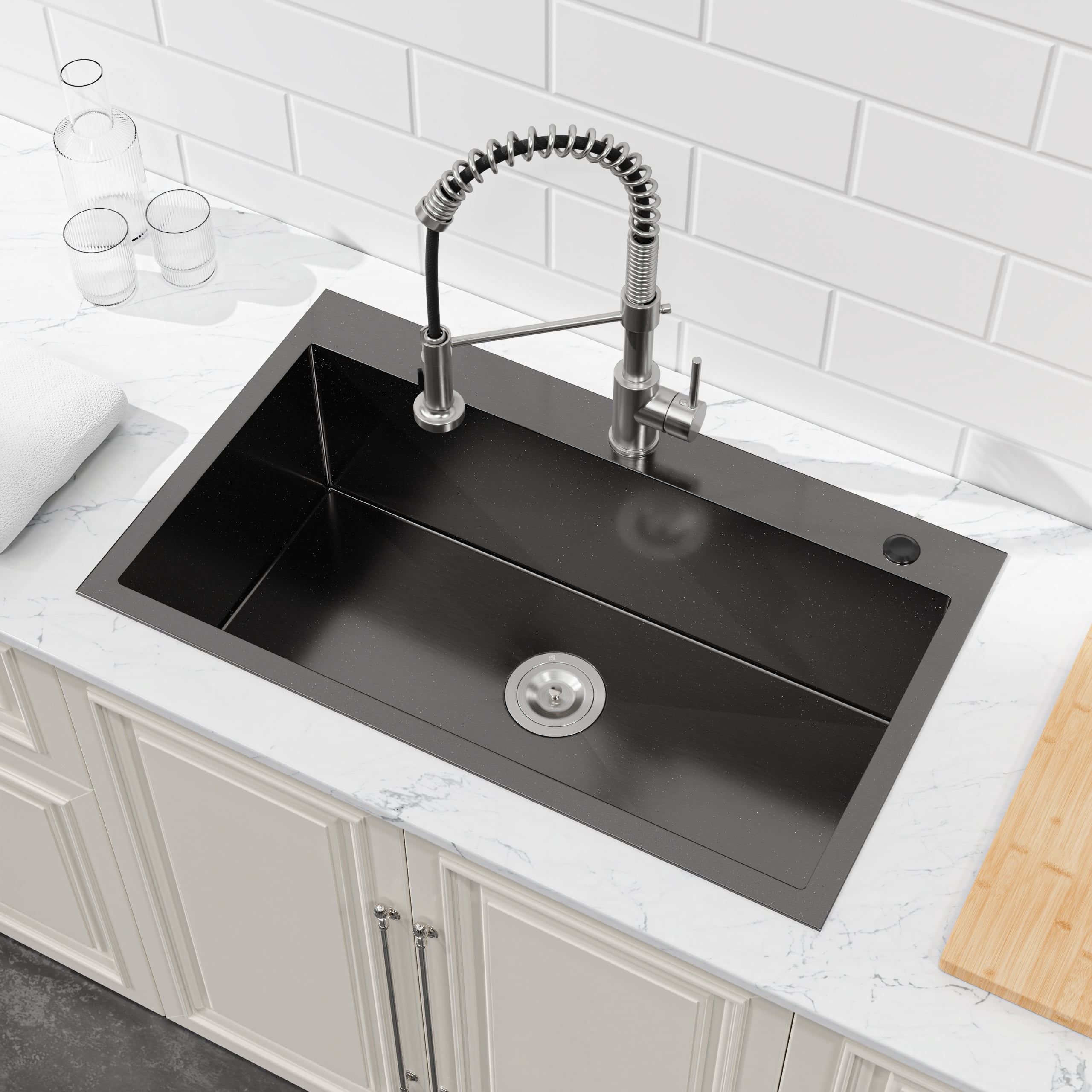 32-inx19-in Black Stainless Steel Drop-In Kitchen Sink-Single Bowl 16 Gauge Topmount Sink with US Drain And Hooks