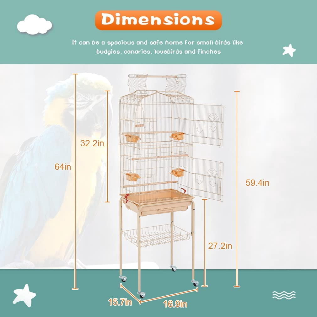 CL.HPAHKL Large Bird Cage, 64 inch Parakeet Cage with Open Play Top & Rolling Stand, Wrought Iron Birdcage for Parrot Cockatiel Cockatoo Lovebird, Almond