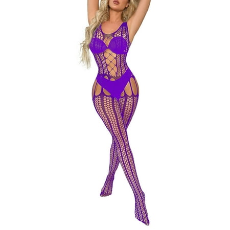 Ploknplq Bodysuit Shapewear Womens Underwear Body Suits for Womens Hollow Out Sleeveless European Mistress Body Stockings Crotchless Crotchless Bodysuit One Piece Babydoll Sleepwear Purple One Size