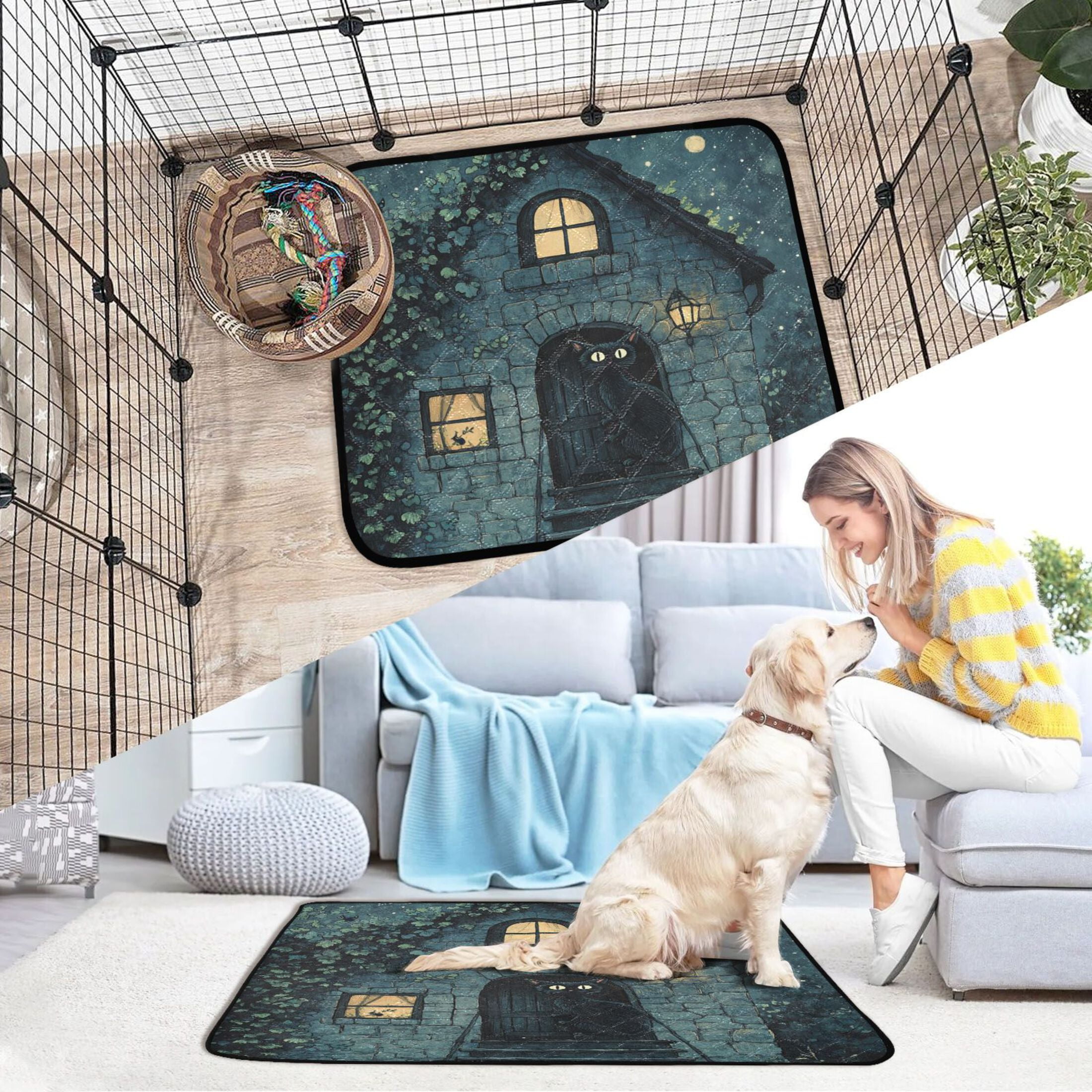 Qxltty Black Cat Night Scene Cat litter Pads Pet Set of 3 Diaper Mats Center Anti-leakage Layer Absorbent Soft and Comfortable