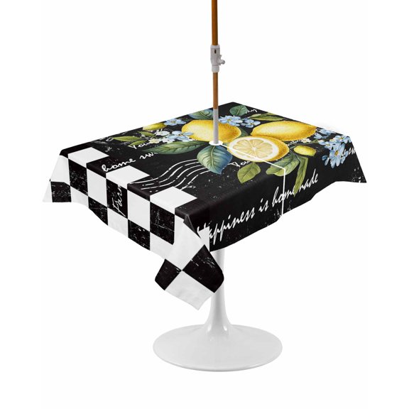 Outdoor Table Cloth with Umbrella Hole and Zipper, Summer Lemon Waterproof Rectangle Tablecloth 54"x80", Vintage Black Plaid Blue Spring Floral Washable Table Cover for Outside Party Patio Picnic