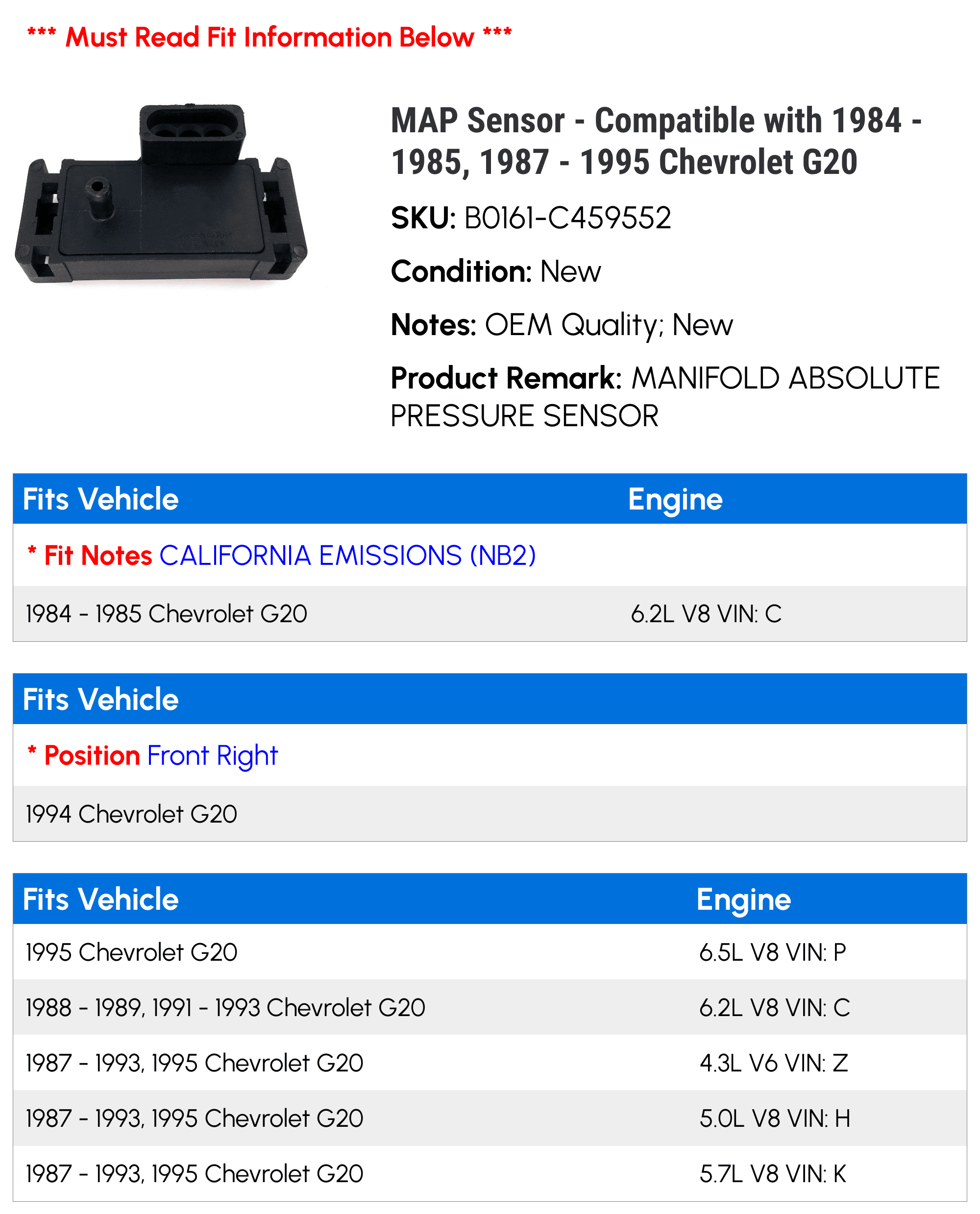 MAP Sensor - Compatible with 1984 - 1985, 1987 - 1995 Chevy G20 1988 1989 1990 1991 1992 1993 1994