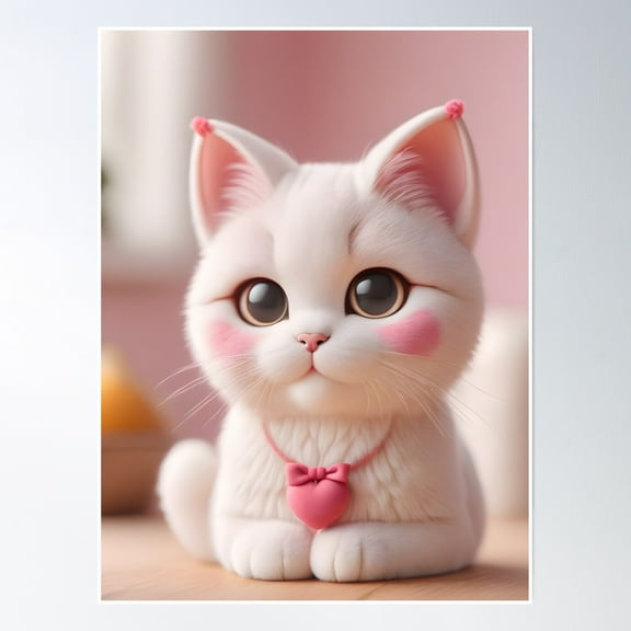 Cute Pink White Kitty Cat Portrait Poster Wall Art, Modern Wall Decor, 8x12 UNFRAMED