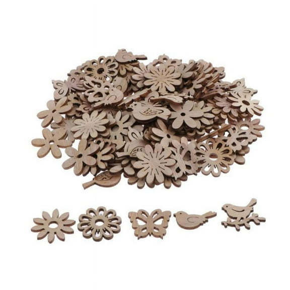 100Pcs Unfinished Wood Pieces Cutout Slices Shaped Embellishments Crafts DIY