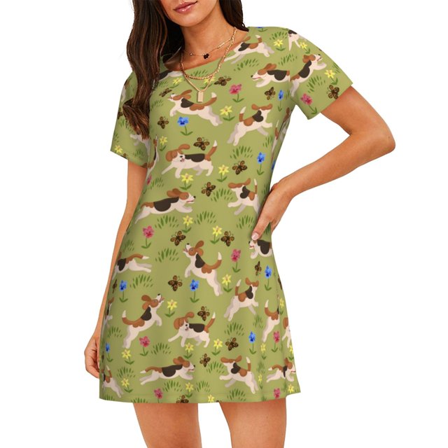 Disketp Running Beagle para Camisón Corto de Manga Corta para Mujeres, Camisón Cómodo con Escote Redondo, Bonito y Confortable