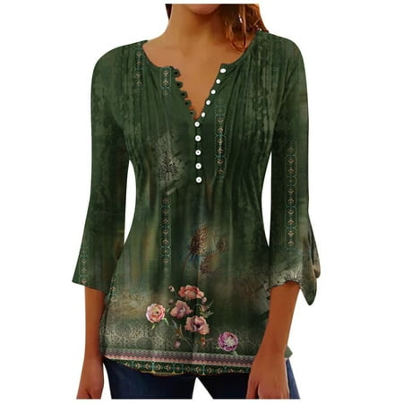 QIPOPIQ Women s Short Sleeve Round-Neck Blouses Sets Ladies Tops Trumpet 3/4 Sleeve Printed Buttoned Basic Ruched Corset Tunic Tops Pleated Plus Size Topss Blouses Clearance