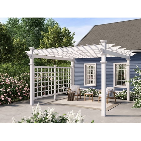 Vita 144"L x 144"W x 106"H Vinyl Regency Pergola with Privacy Trellis, White, VA42014