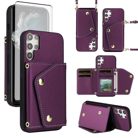Furiet Wallet Case for Samsung Galaxy S22 Ultra 5G with Tempered Glass Screen Protector Slim Flip Purse Shoulder Strap, Card Holder Stand Phone Cover for S22ultra 22S S 22 S22ultra5g 6.8 Deep Purple
